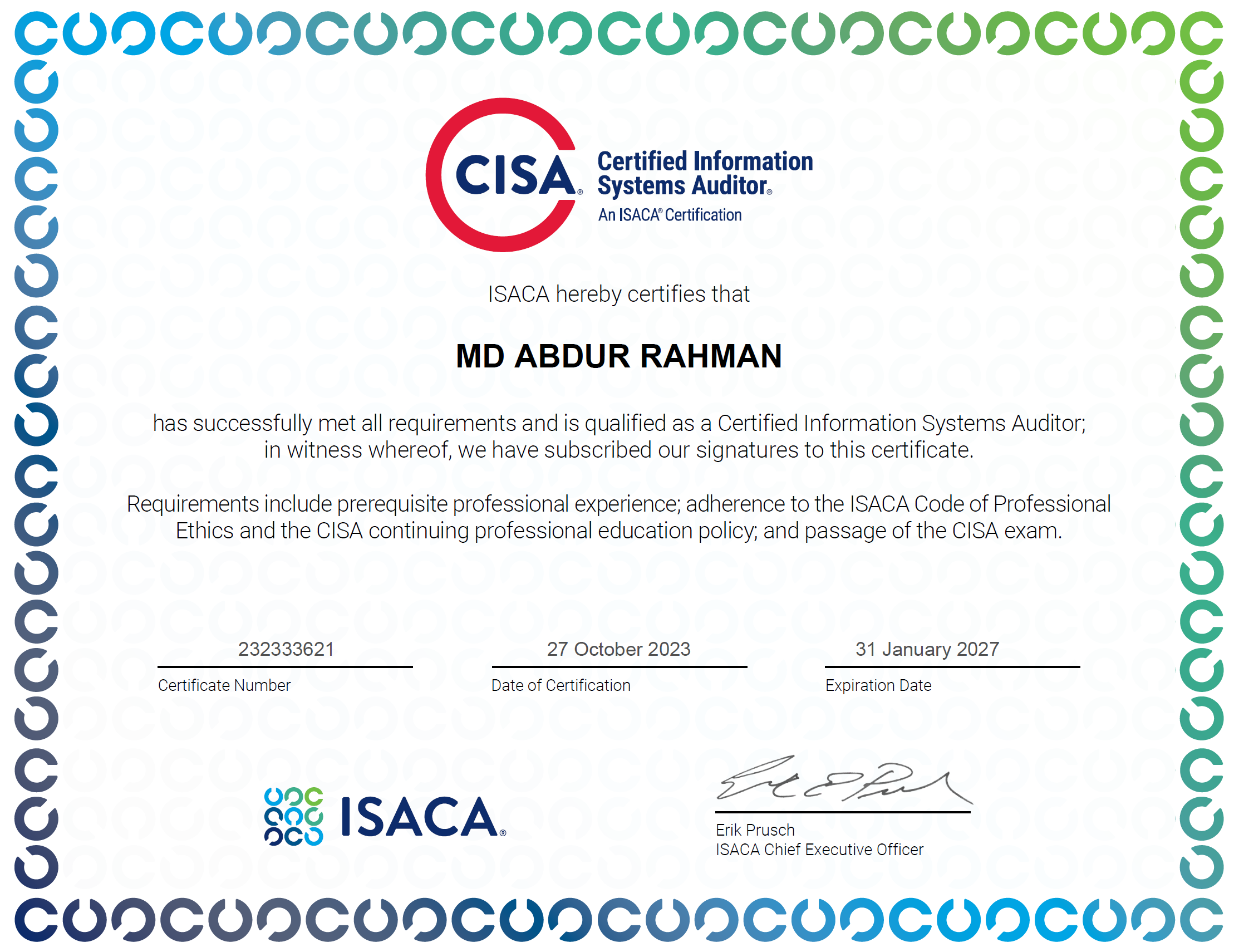 ISACA CISA Certificate