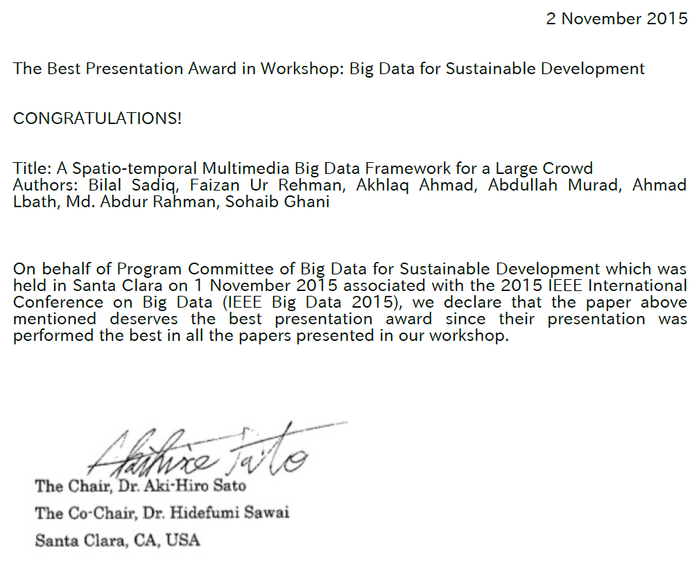 Best Presentation Award — IEEE Big Data 2015